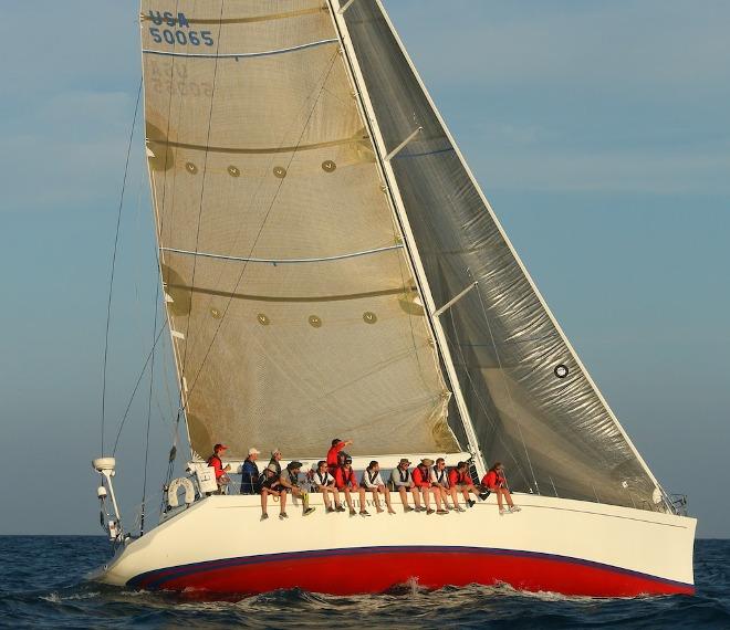 Looking back to Monday, ‘Mischievous’, sailing for the Massachusetts Maritime Academy grabbed line honors in the 645-mile race. She crossed the finish line at St. David’s Lighthouse Bermuda during the twilight Lighthouse Committee cocktail party at the finish tower on Monday evening at 6:42 EDT - 2015 Marion to Bermuda Race © SpectrumPhoto/Fran Grenon